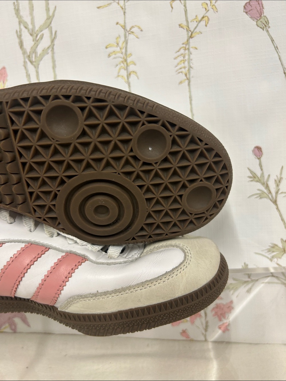 adidas Samba Sneakers - White with Pink Stripes and Brown Sole - Picture 13 of 14